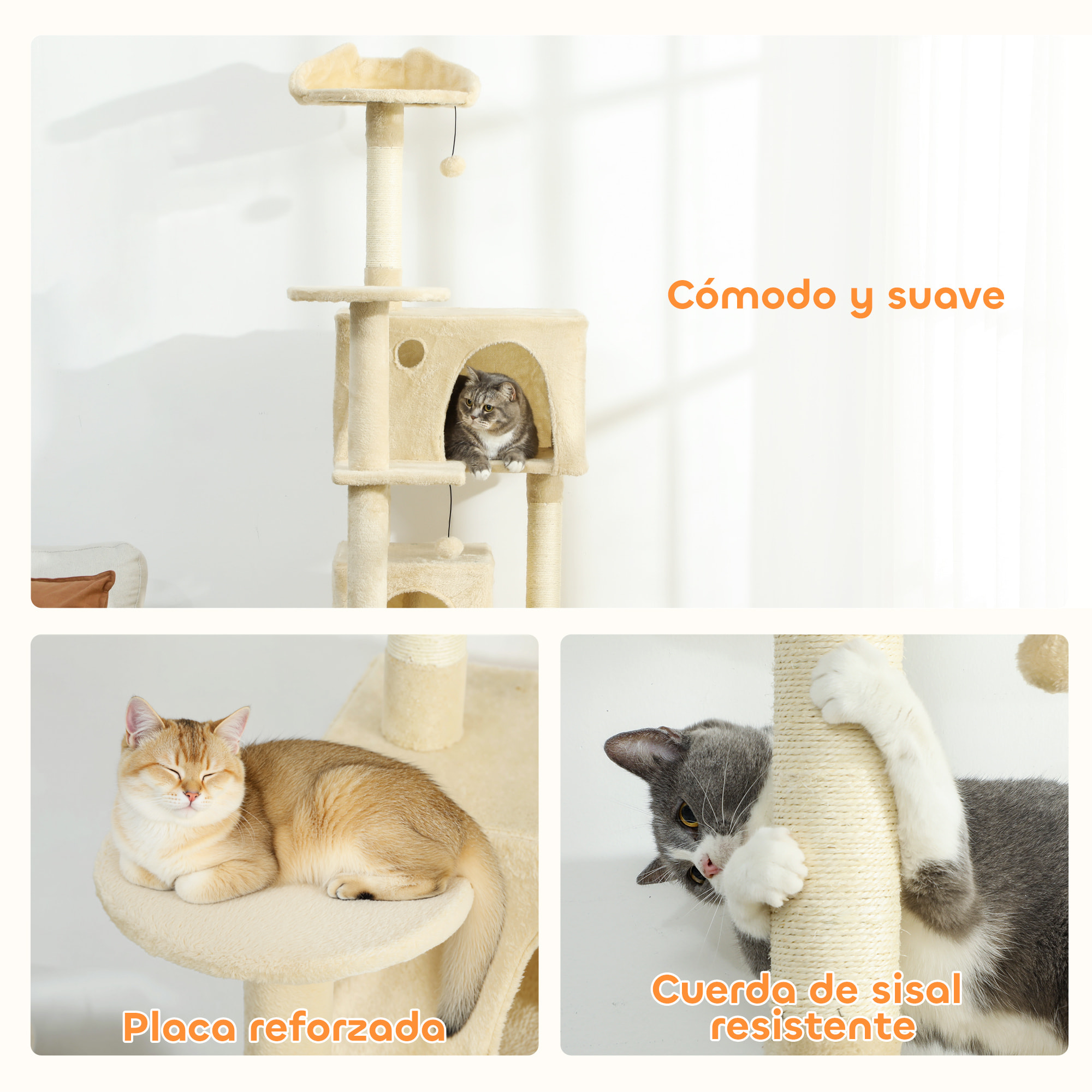 Árbol Rascador para Gatos, Árbol para Gatos 180 cm, Torre Escalador con Múltiples Plataformas, Cama, 2 Cuevas, Hamaca, Escalera, Postes de Sisal, Bolas para Jugar, Beige