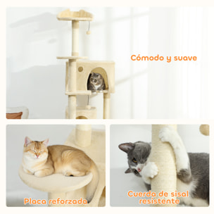 Árbol Rascador para Gatos, Árbol para Gatos 180 cm, Torre Escalador con Múltiples Plataformas, Cama, 2 Cuevas, Hamaca, Escalera, Postes de Sisal, Bolas para Jugar, Beige
