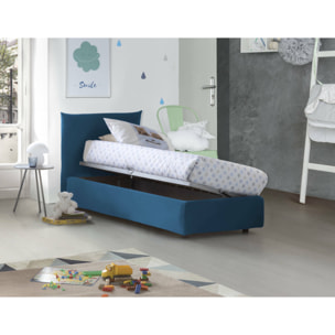 Letto singolo Cosetta, Letto contenitore con rivestimento in tessuto, 100% Made in Italy, Apertura laterale, con materasso Cm 80x190 incluso, Blu