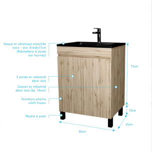Pack Meuble Salle de Bains 60cm Chêne Naturel 2 Portes avec Vasque Céramique Noire - TIMBER