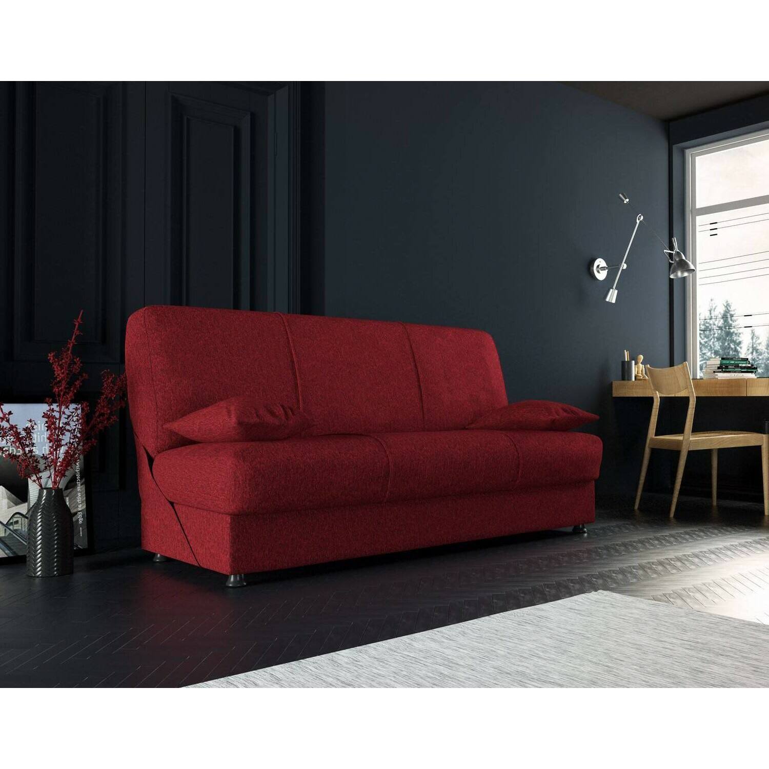 Divano letto Alvaro, Divano letto contenitore a 3 posti con 2 cuscini inclusi, Sofà da soggiorno in tessuto imbottito con apertura click-clack, 180x81h90 cm, Rosso