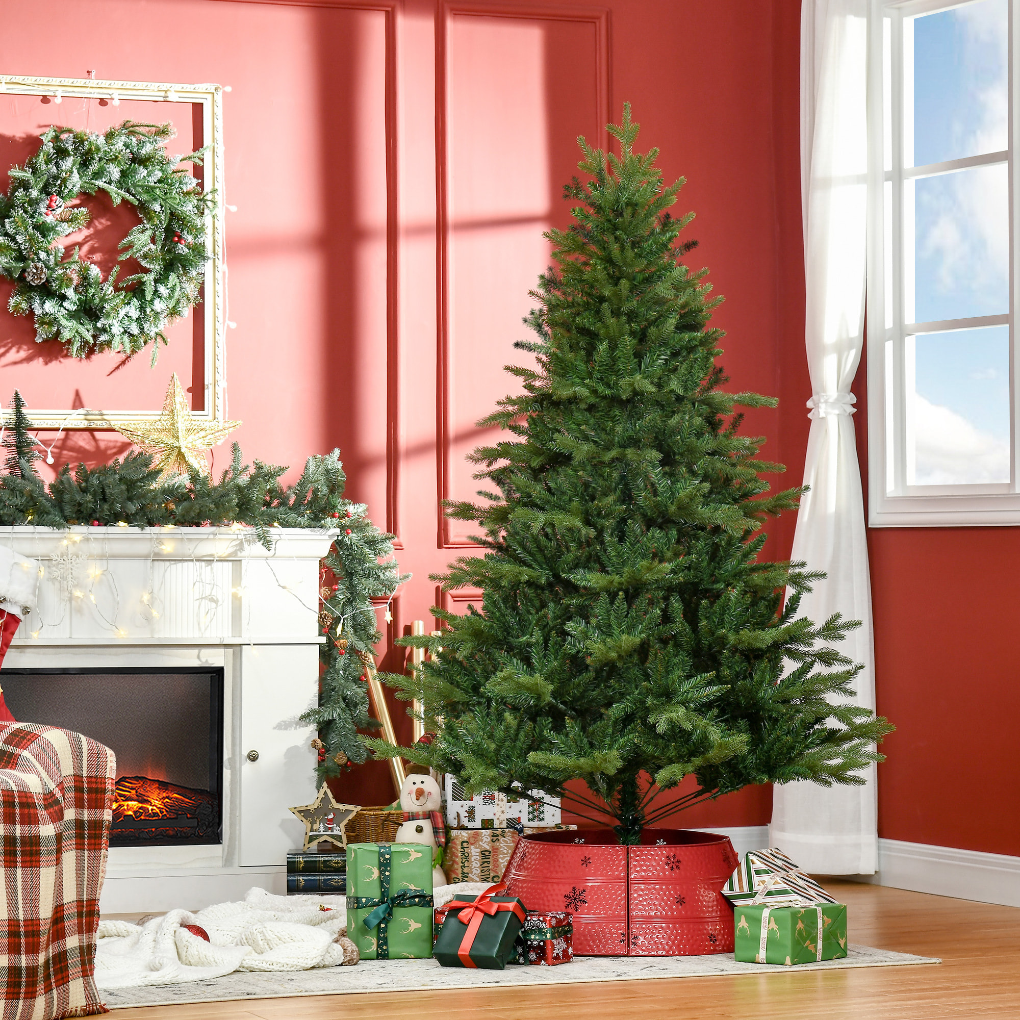 HOMCOM Árbol de Navidad Artificial 180 cm Ignífugo con 1443 Ramas Hojas de PVC Base Plegable y Soporte Metálico Decoración Navideña para Interiores Verde