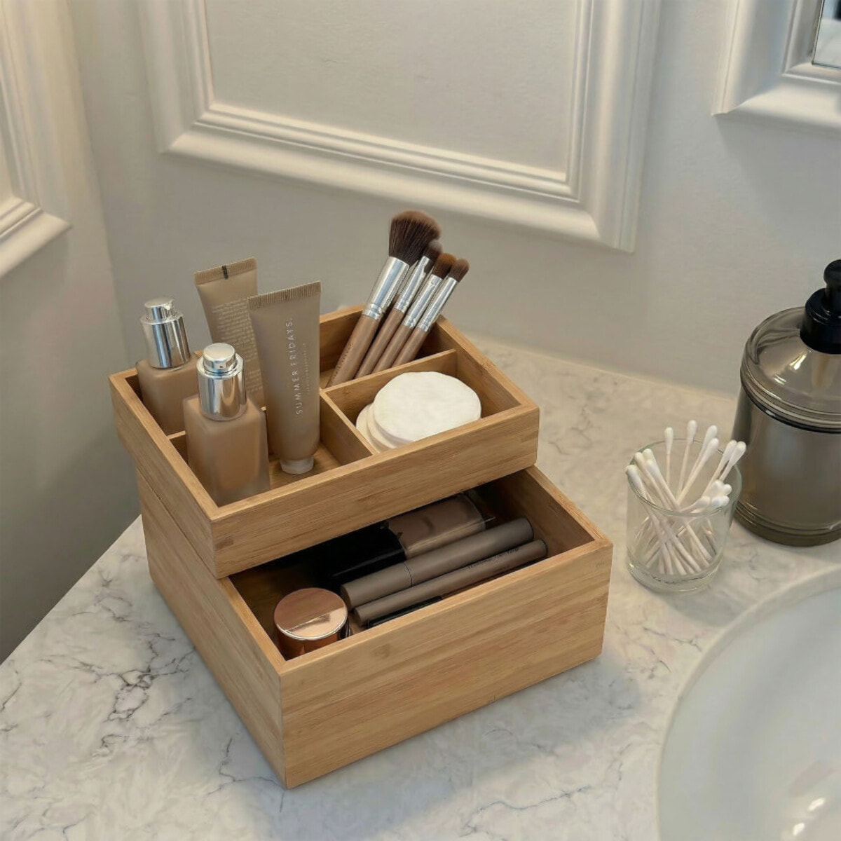 Boite Organisateur polyvalent 2 compartiments empilables Bambou ISALYS Beige MSV