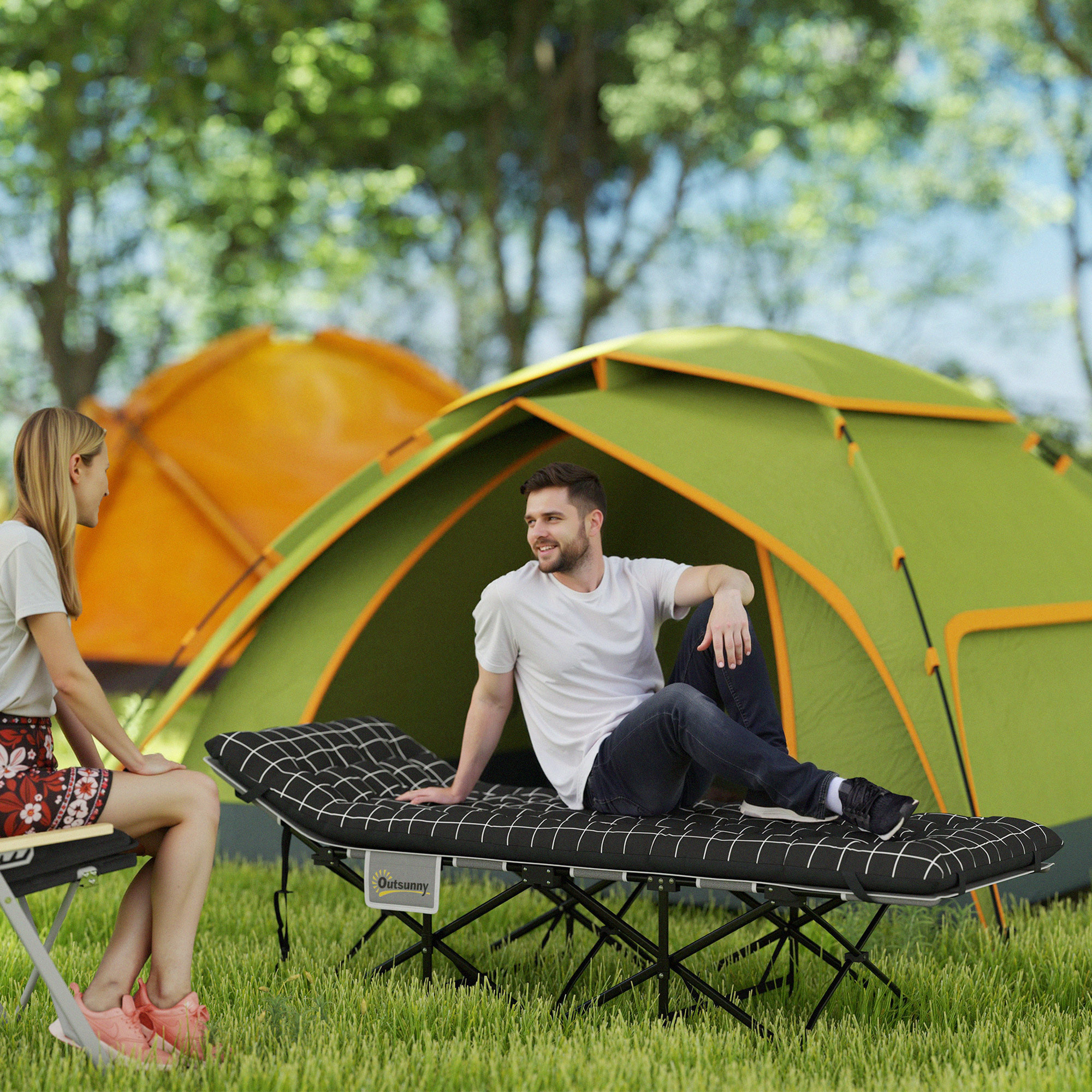 Lit de camping - pliable - matelas, pochette latérale et sac intégré - métal, tissu Oxford - 190 x 67 x 37 cm - noir