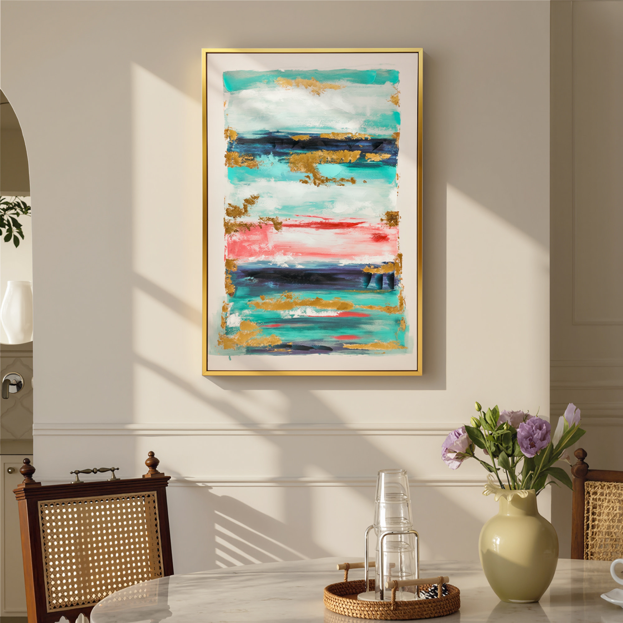 Cuadro en Lienzo Abstracto a Mano, 120x80 cm, Cuadro para Decoración de Salón Moderno con Marco de Madera Maciza, Decoración de Pared para Dormitorio, Salón, Cocina, Multicolor