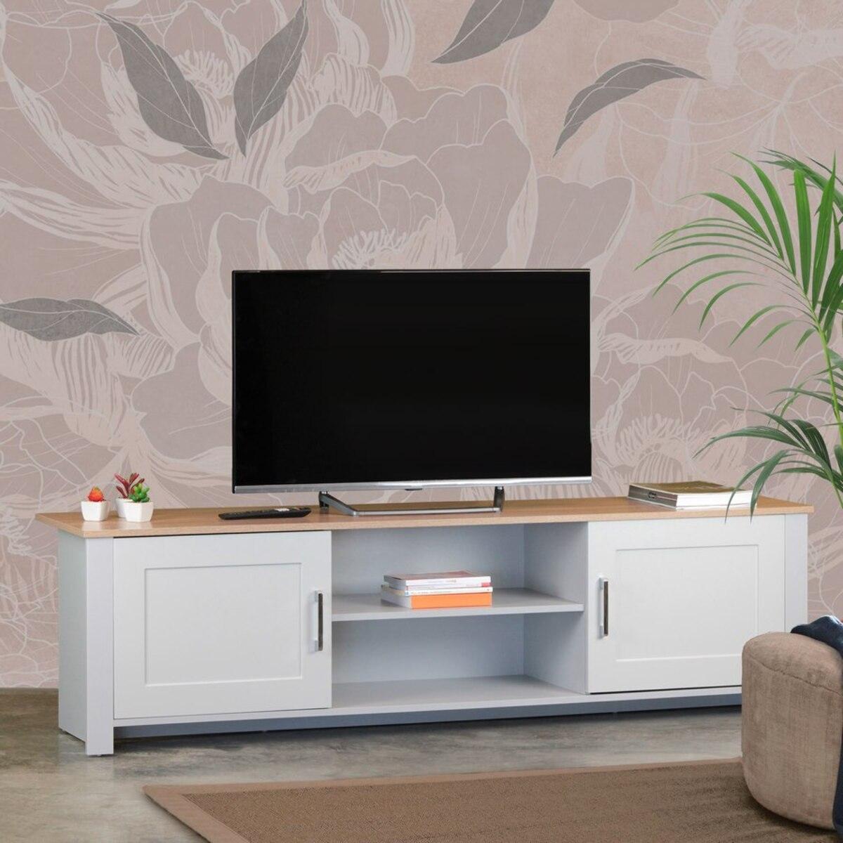 Mobile tv moderno grigio con top in legno