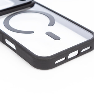 Custodia trasparente con copertura della fotocamera pieghevole che funge da supporto, bordi neri. MagSafe per iPhone 17 Pro.