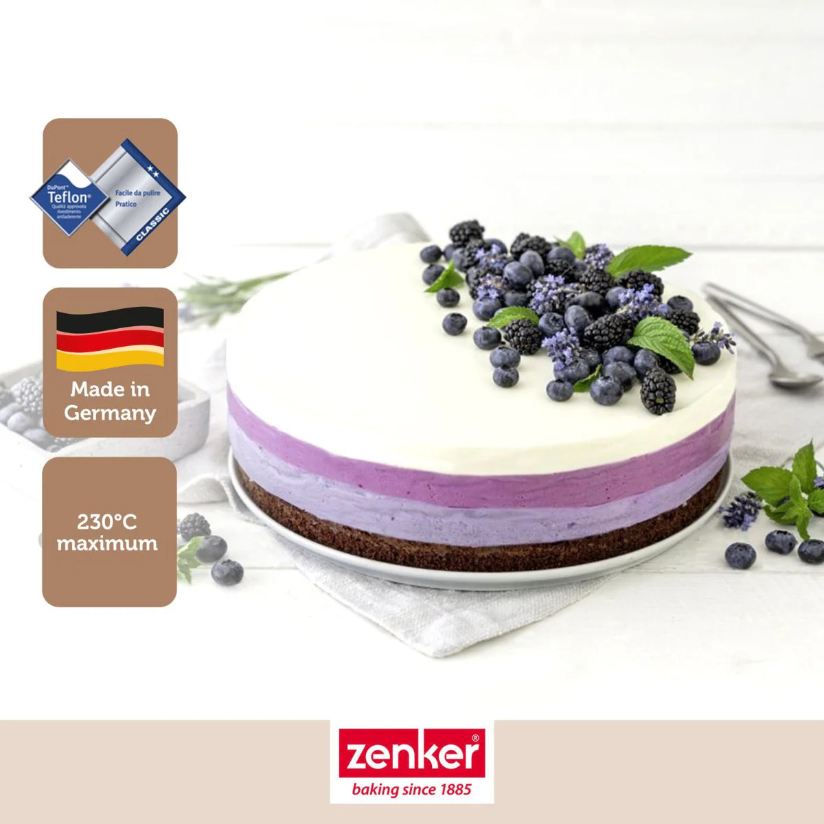 Set à pâtisserie avec 1 Moule à charnière rond 28 cm à fond plat, 1 spatule Zenker et 2 bols à mixer en inox Fackelmann