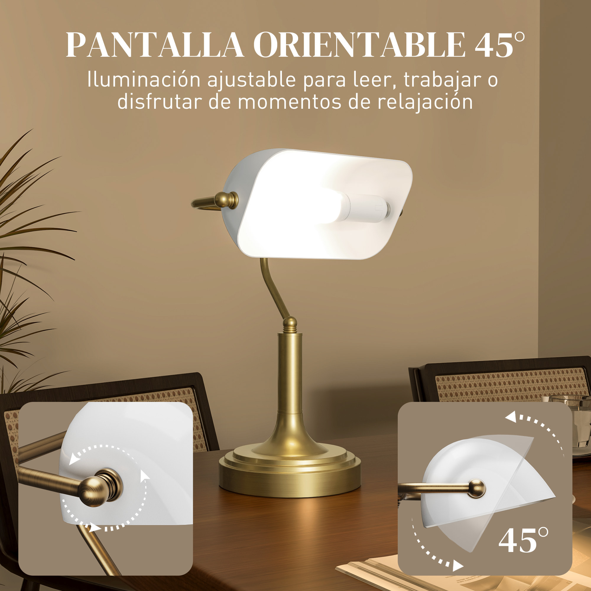 Lámpara de Escritorio Banquero Vintage Lámpara de Mesa Banker E27 con Pantalla Orientable a 45° Interruptor Basculante para Hogar Dormitorio Oficina Biblioteca Blanco
