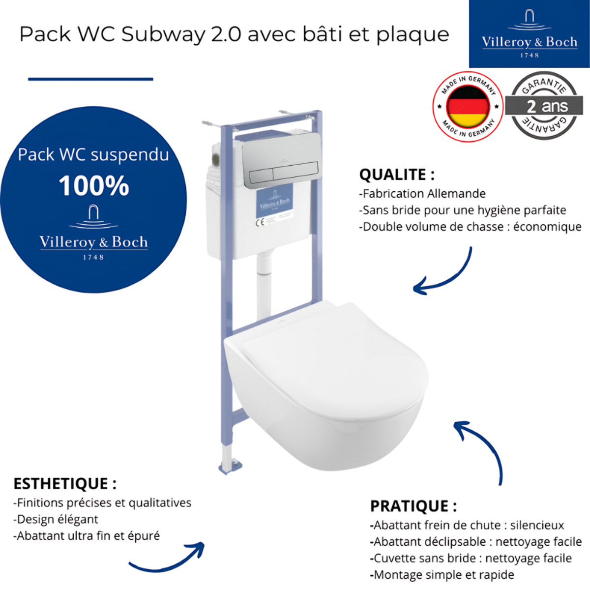 Pack WC sans bride Subway 2.0 avec abattant frein de chute + bâti Viconnect PRO + plaque Chromé mat