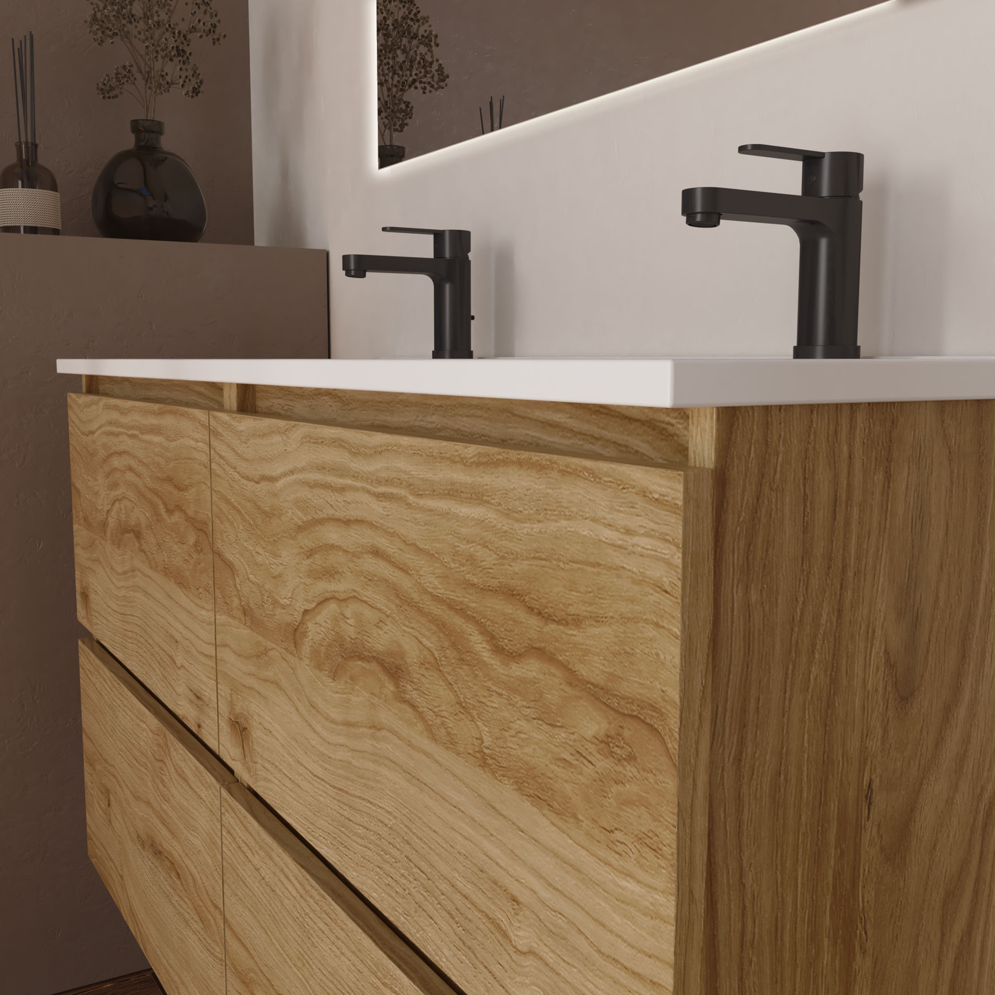 Ensemble Salle de Bain Kaji | Meuble Suspendu | 140 cm Teck | 4 Tiroirs | Lavabo Encastré | N'inclut pas Miroir | Alday
