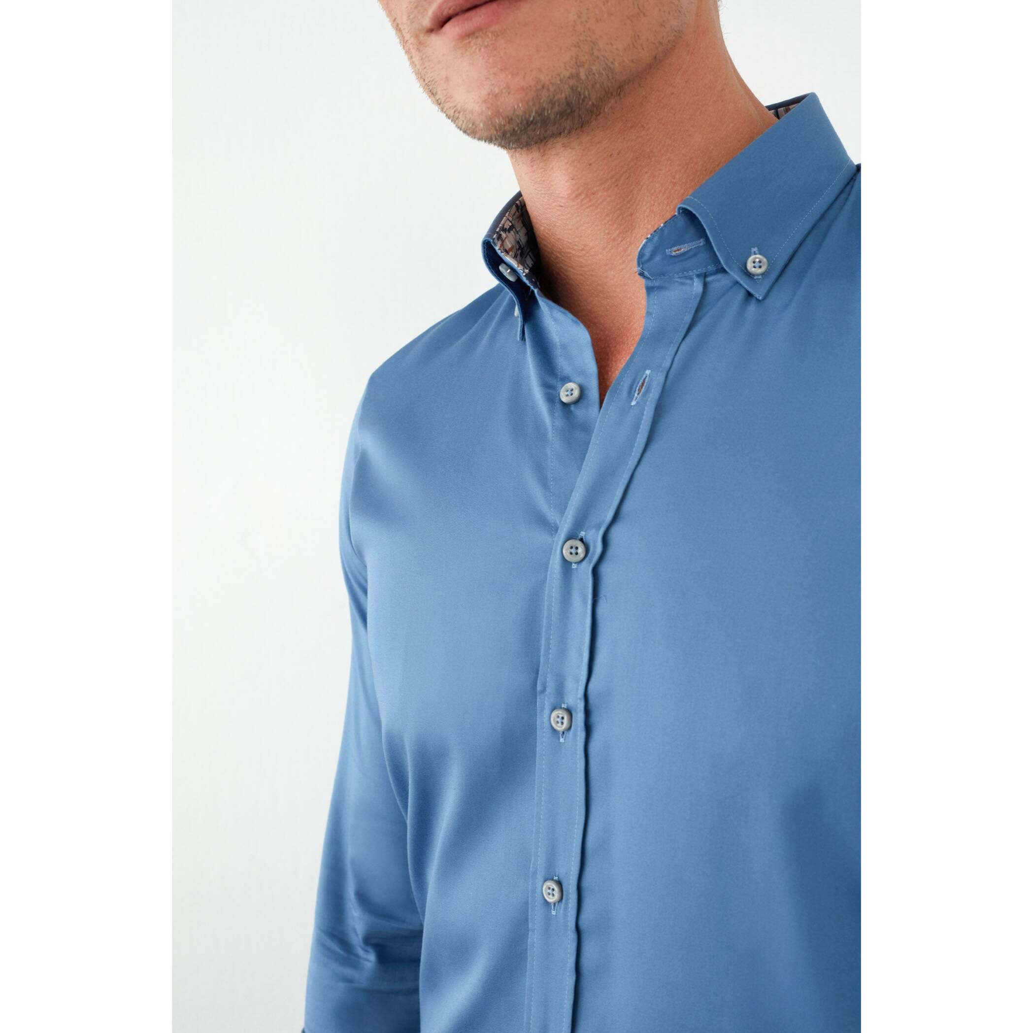 camicia uomo 1 bottone button down slim Satin Unito Blu avion