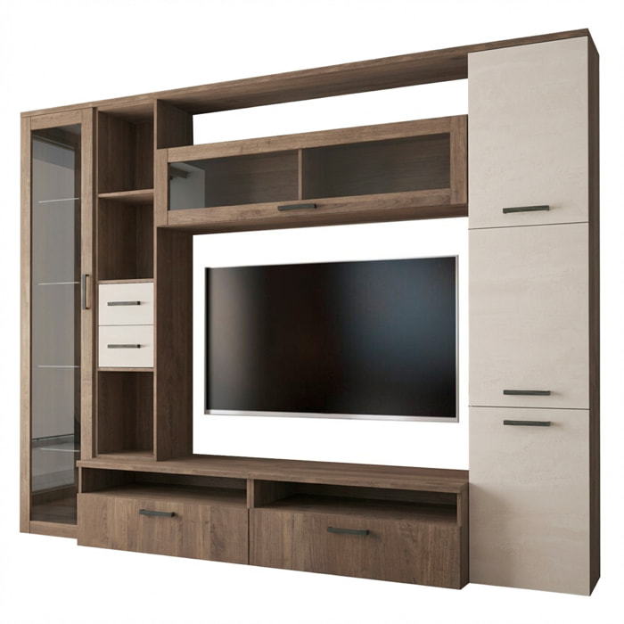 Parete Attrezzata Soggiorno Mobile Porta TV Con Vetrina E Cassetti Design Moderno Industrial Chic Con Vano TV 270 x 213 x 50 Cm Colore Noce Spatolato