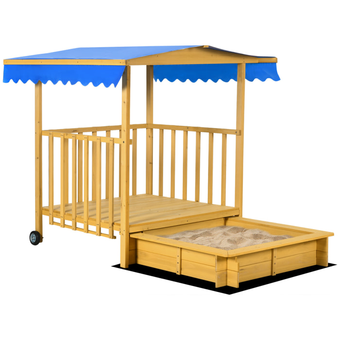 Arenero para Niños Veranda de Madera con Techo y Ruedas Cajón de Arena Juego para Niños de 3-8 Años para Jardín Patio 133x129x137,5 cm Natural