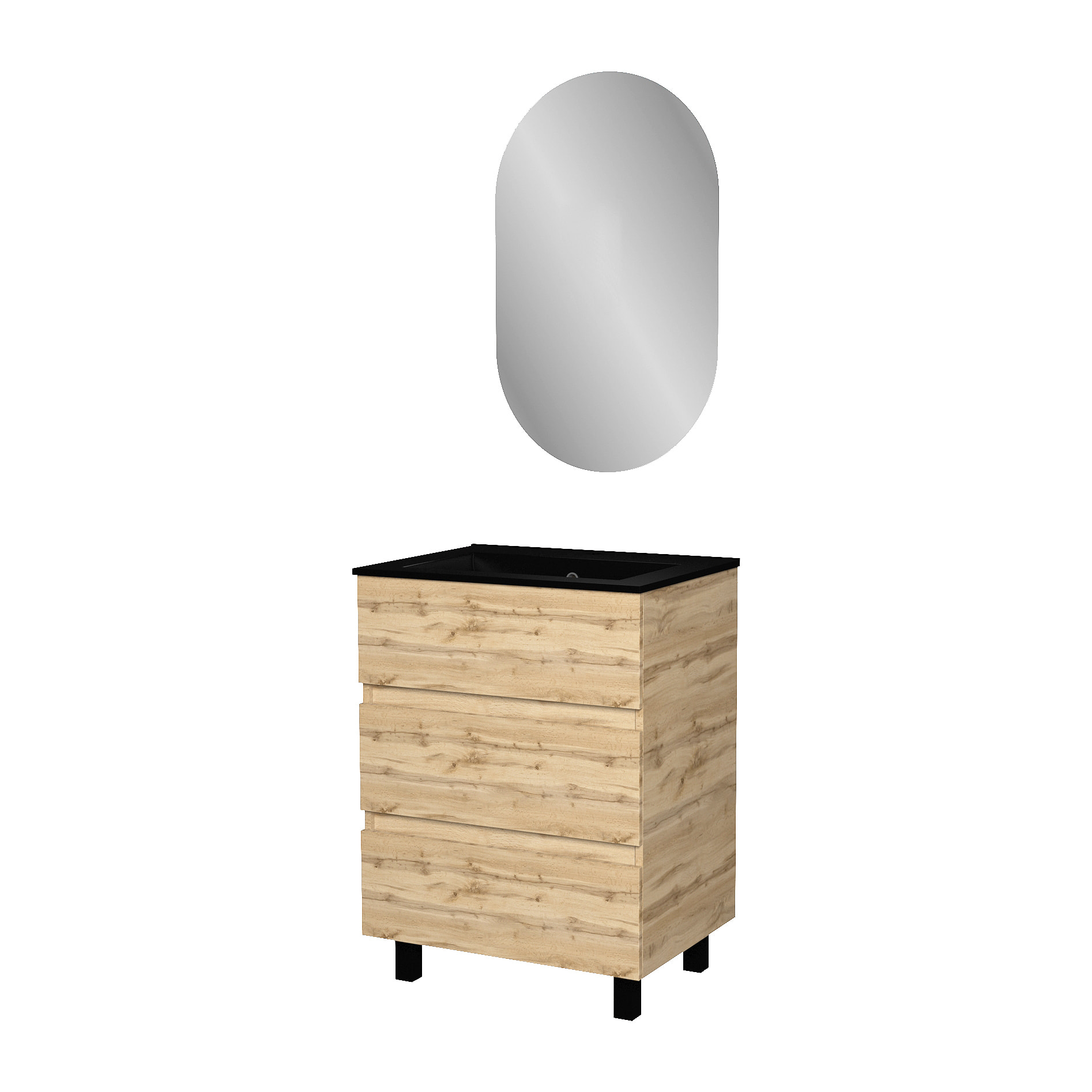 Meuble Salle de Bains 60cm 3 Tiroirs Chêne Naturel + Vasque Noire et Miroir Ovale