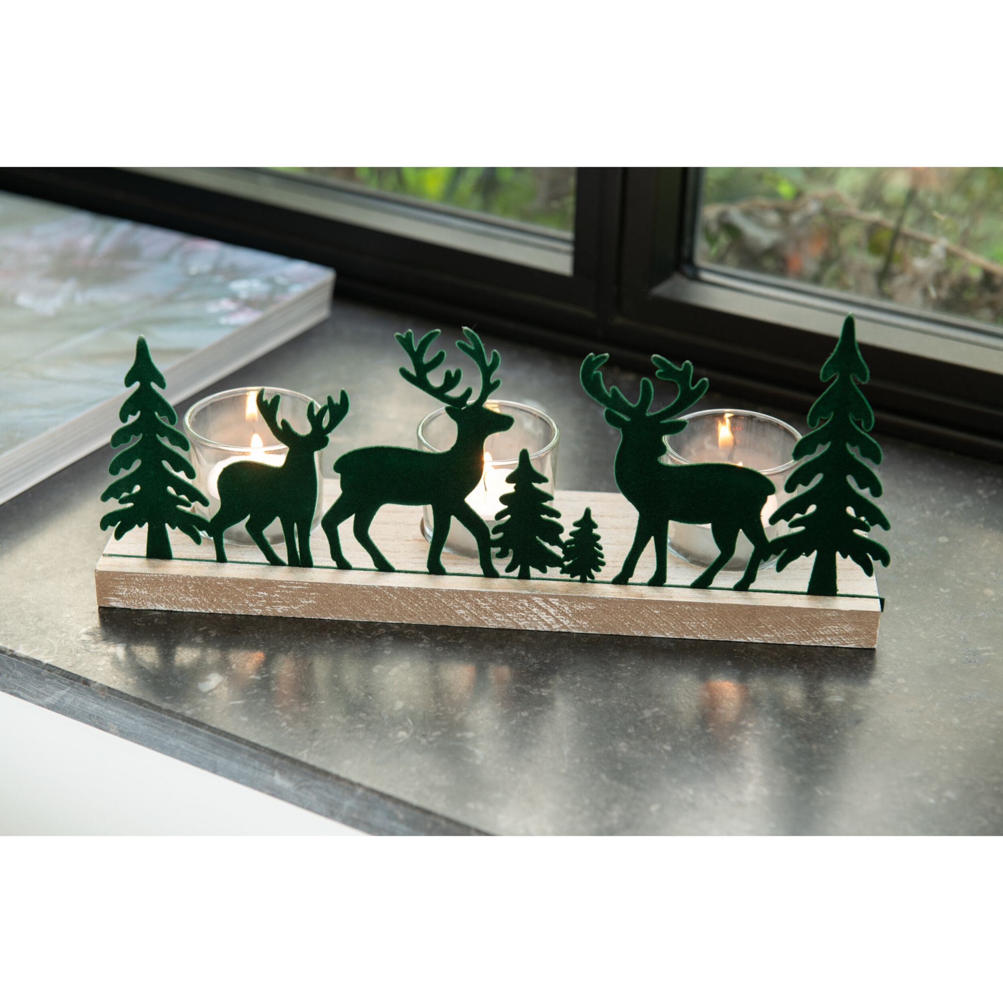 J-Line photophore 3 Pièces Cerfs/Sapins - métal/bois - vert foncé