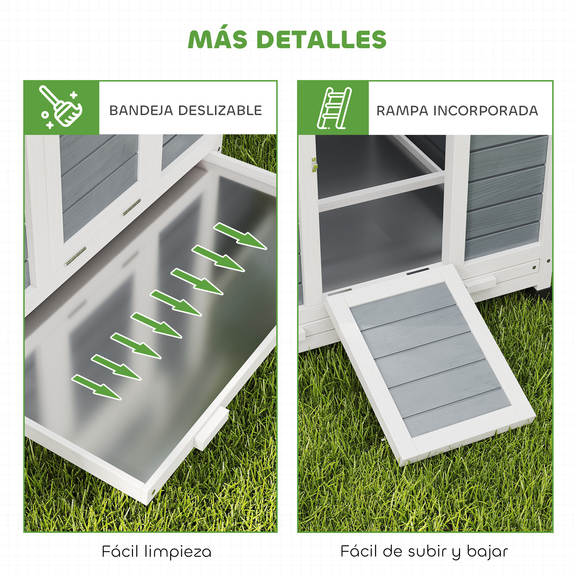 Gallinero de Madera para Exterior, Caseta para Gallinas con 2 Nidos, Bandeja Extraíble, Perchas, Techo Impermeable, Casa para 2-4 Gallinas y Conejos, 150x100x96,5 cm, Gris