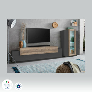 Parete attrezzata Isaia, Set salotto porta TV, Mobile soggiorno multiuso, 100% Made in Italy, cm 280x45h120, Antracite e Rovere