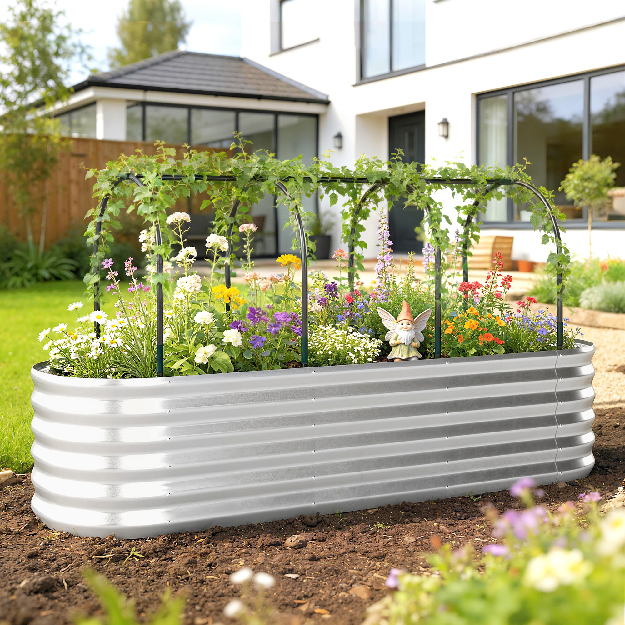 Jardinera Exterior Grande con Cubierta de Invernadero y Malla, Huerto Urbano de Acero Galvanizado con Fondo Abierto, Resistente a la Intemperie, para Patio, Terraza, 200x60x103 cm, Plateado