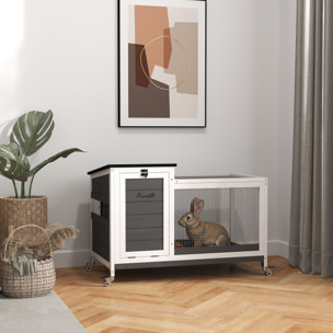 Conejera de Madera con Ruedas Jaula para Conejos con Techo Asfáltico Abatible Ventana Móvil y Bandeja Extraíble Conejera para Interior y Exterior 91x51x66 cm Blanco y Gris Oscuro