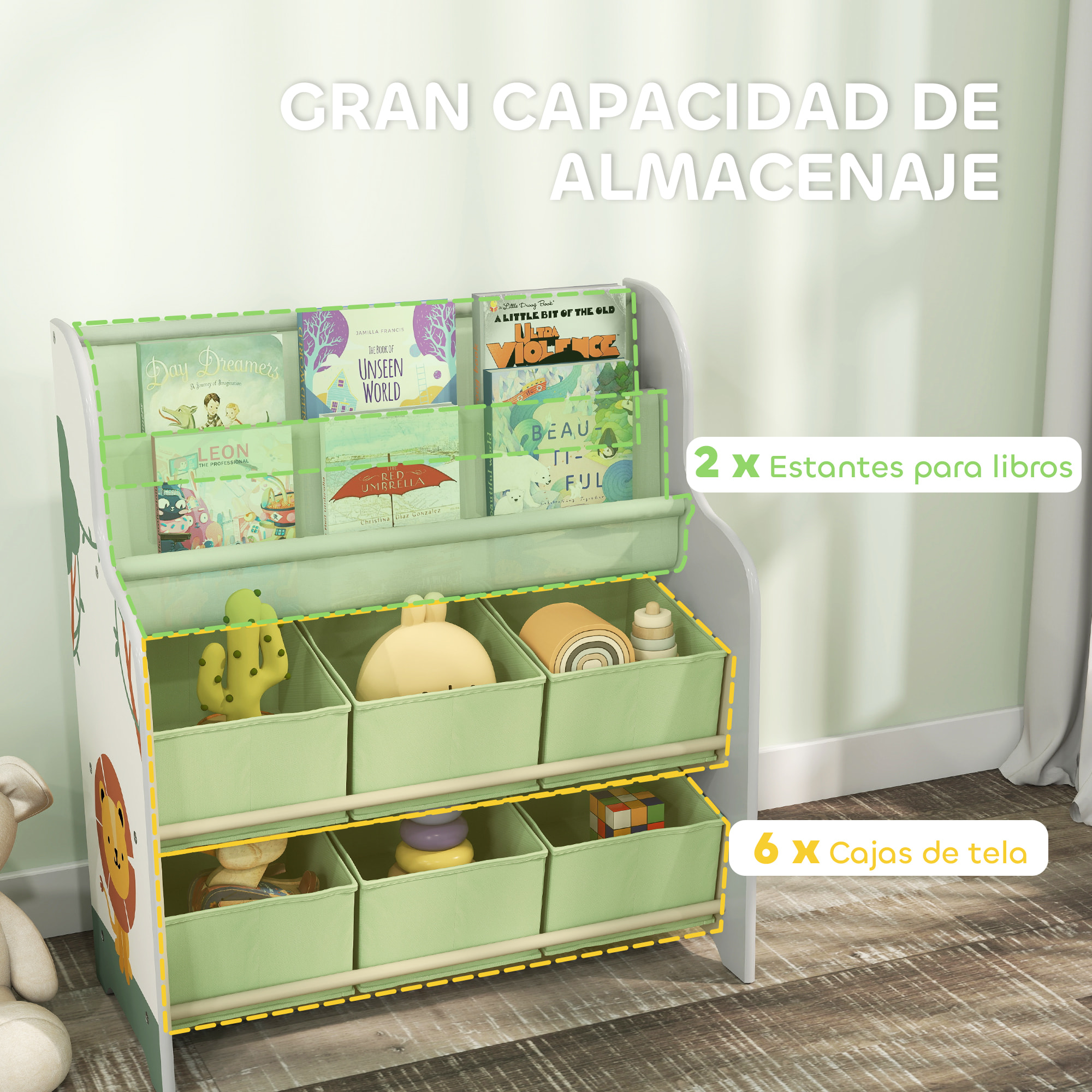 Estantería Infantil para Juguetes, con 6 Cajas Extraíbles de Tela no Tejida, Organizador de Juguetes con 2 Estantes, para Habitación Infantil, Sala de Juegos, Guardería, 63x30x71 cm, Verde