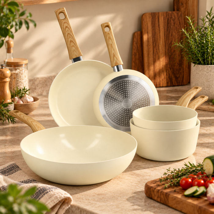 Batterie de cuisine 5 pièces en aluminium recyclé crème - tous feux CREME