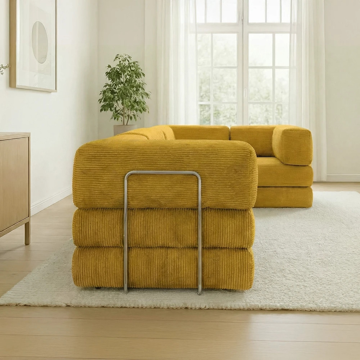 TRENDY - Canapé compressé 5 places angle modulable en velours côtelé jaune