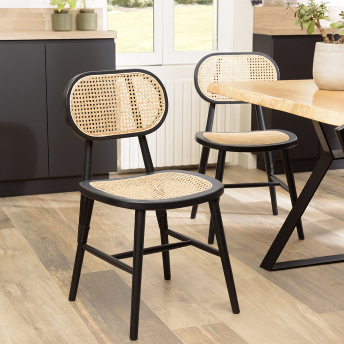 PIERRE - Lot de 2 chaises bois noir, assise et dossier en rotin naturel