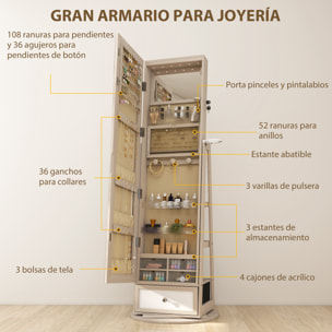 Espejo Joyero con Luces LED, Armario para Joyas, Armario Joyero con Espejo Entero, Giratorio de 360°, Cajón, Cerradura, Estantes Abiertos, Soporte para Secador, Natural