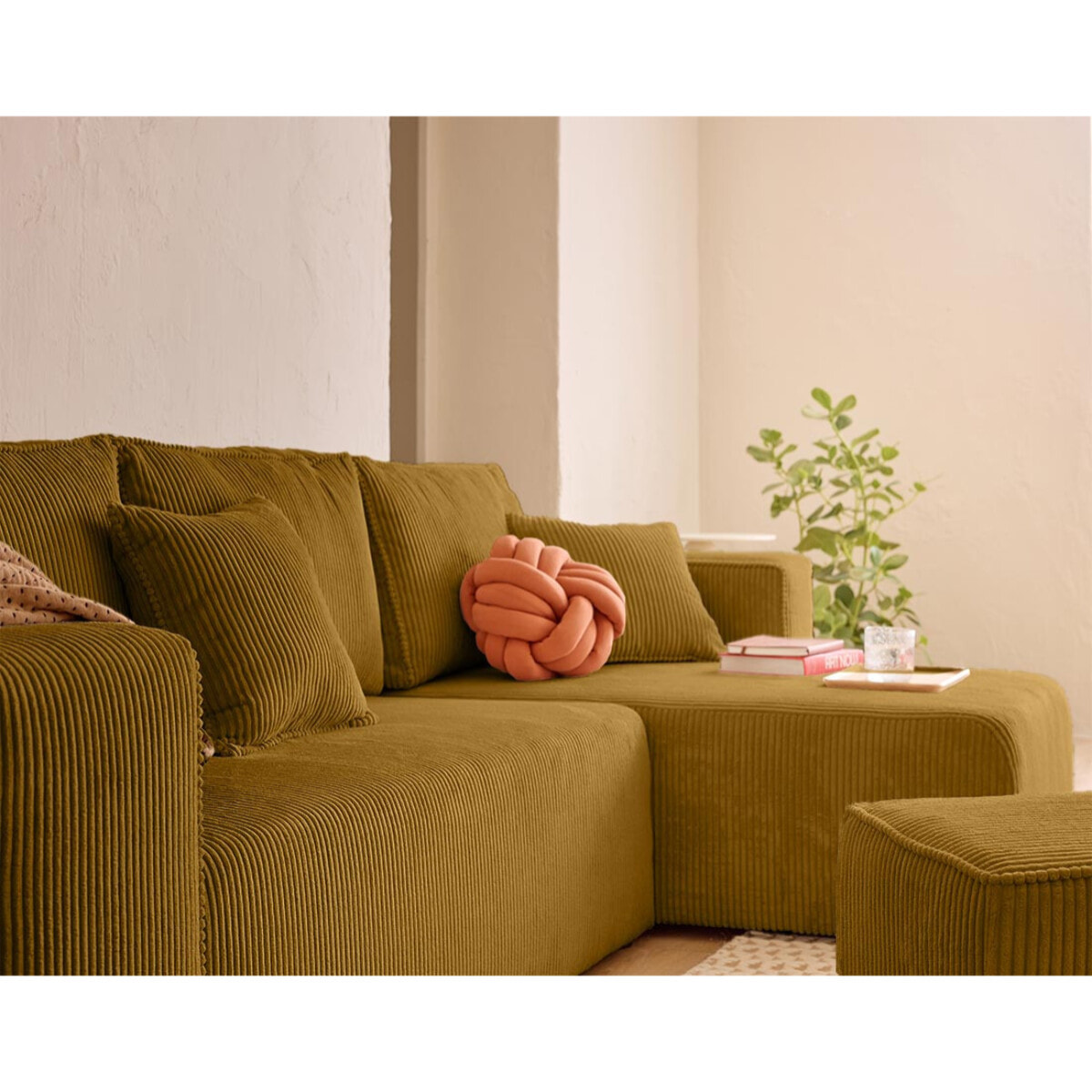 Topaze - canapé d'angle réversible 4 places - convertible avec coffre, tablette et poufs - en velours côtelé - Jaune