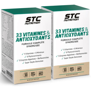 STC NUTRITION - 33 Vitamines & Antioxydants - Formule Complète Synergisée - 11 Vitamines + 8 Minéraux + 6 Phytonutriments - 100% Végan - Conforme à la norme anti-dopage - 90 gélules - Lot de 2