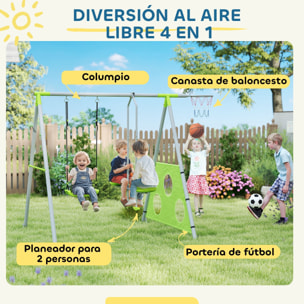 Columpios para Niños de +3 Años 4 en 1 Columpios Jardín Exterior con Columpio Planeador Portería de Puntería y Aro de Baloncesto Verde