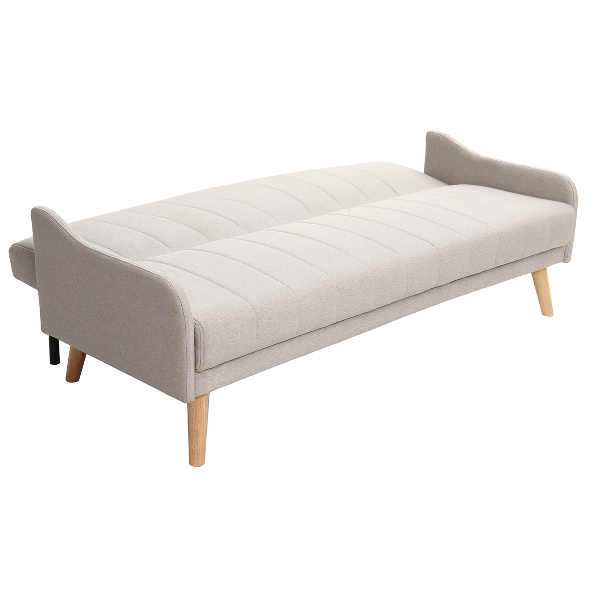 Canapé convertible 3 places en tissu gris clair et bois clair ARYA