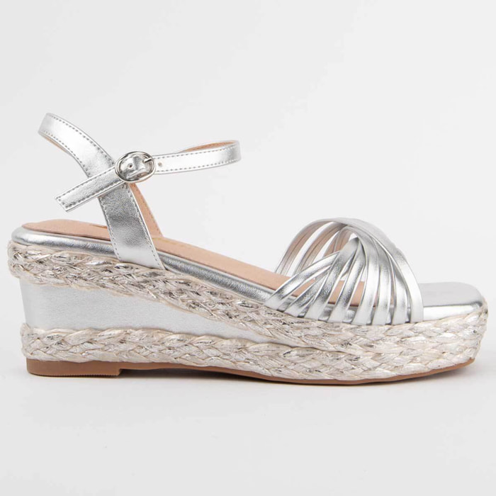 Sandalia De Cuña - Plateado - Altura: 7 Cm