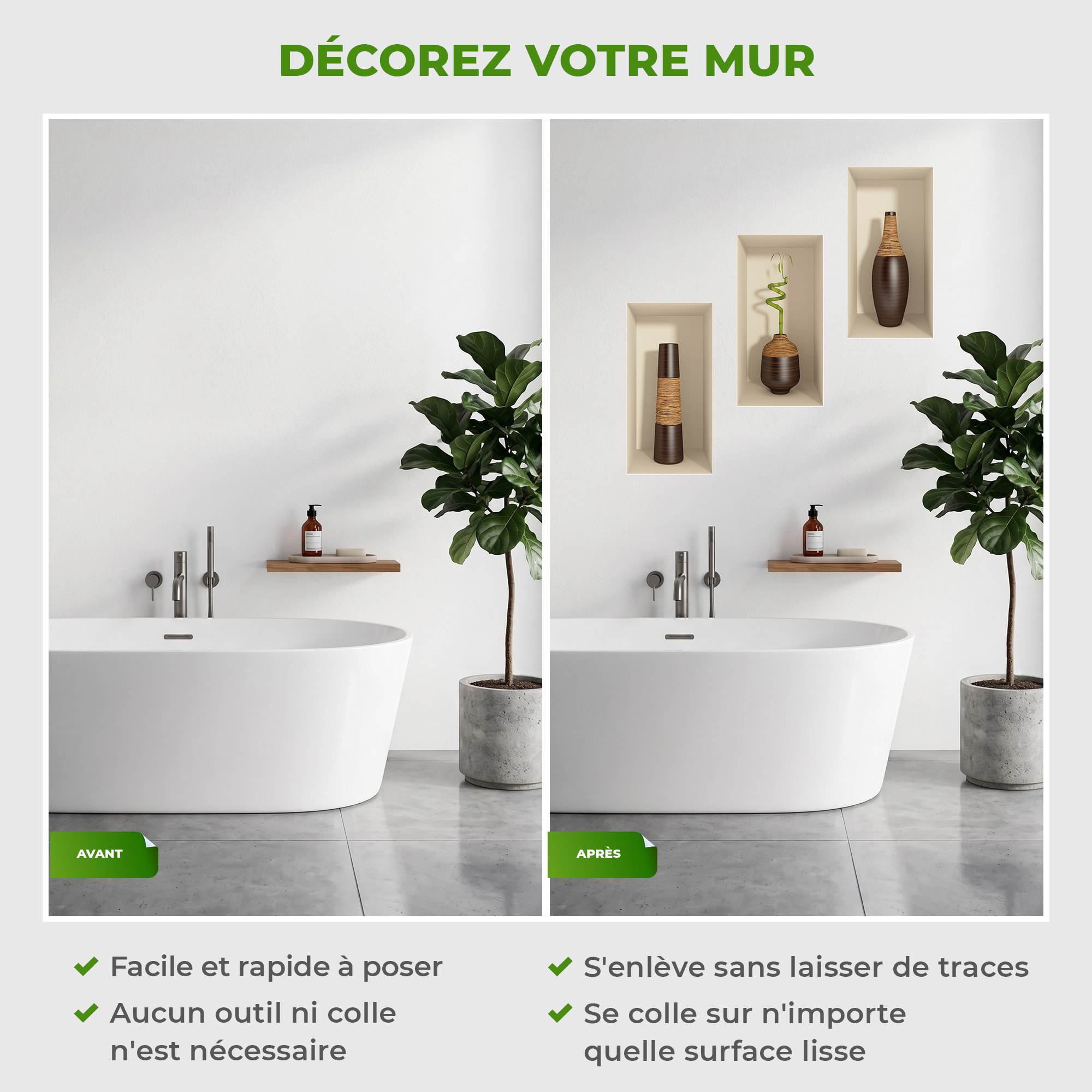 Stickers muraux 3D | Sticker Mural Autocollant effet 3D bambou - Stickers adhésifs 3D Chambre Salon Trompe l'oeil