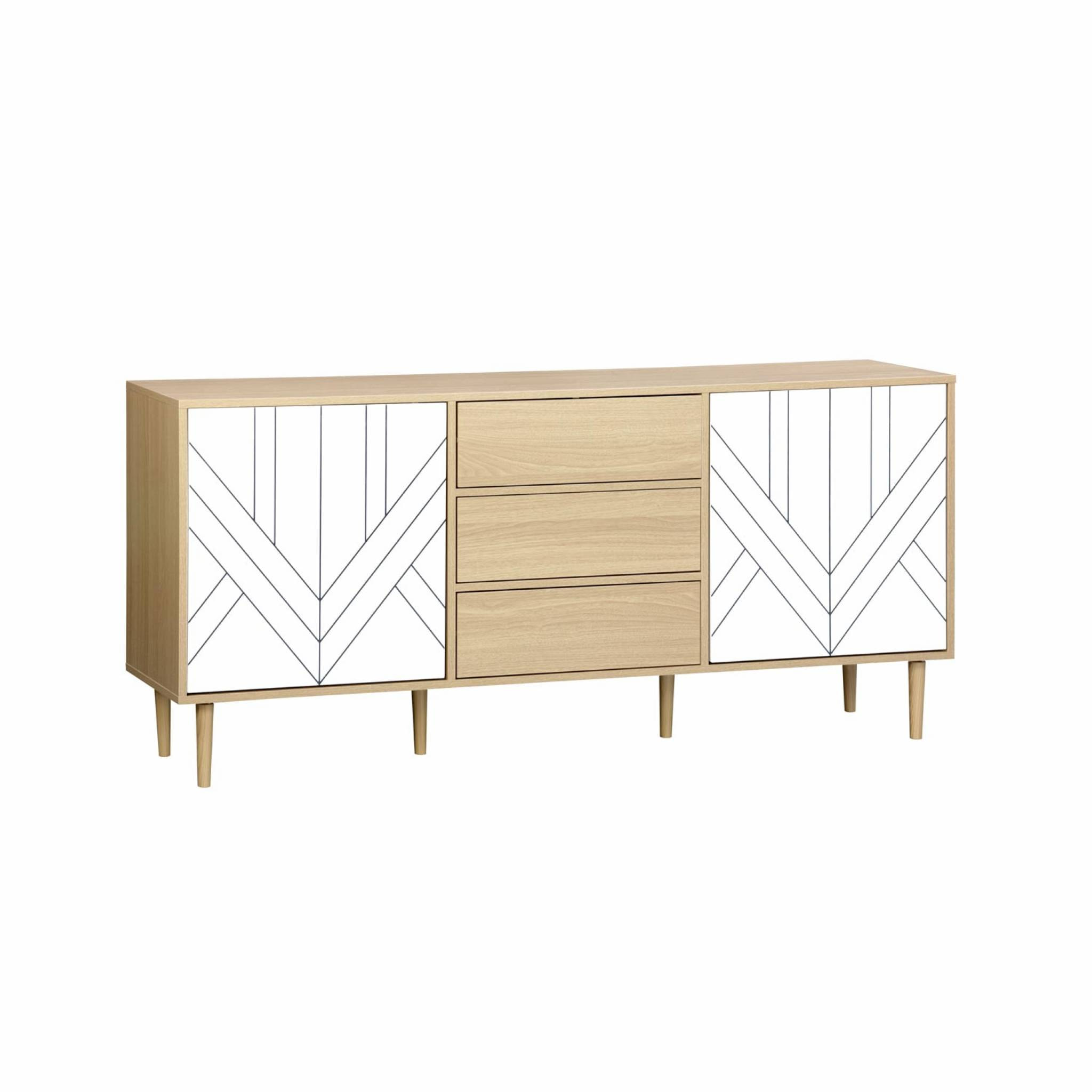 Buffet de rangement décor bois et blanc - Mika - 2 niveaux. 2 portes. 3 tiroirs. buffet bas. L 160 x l 40 x H 74cm