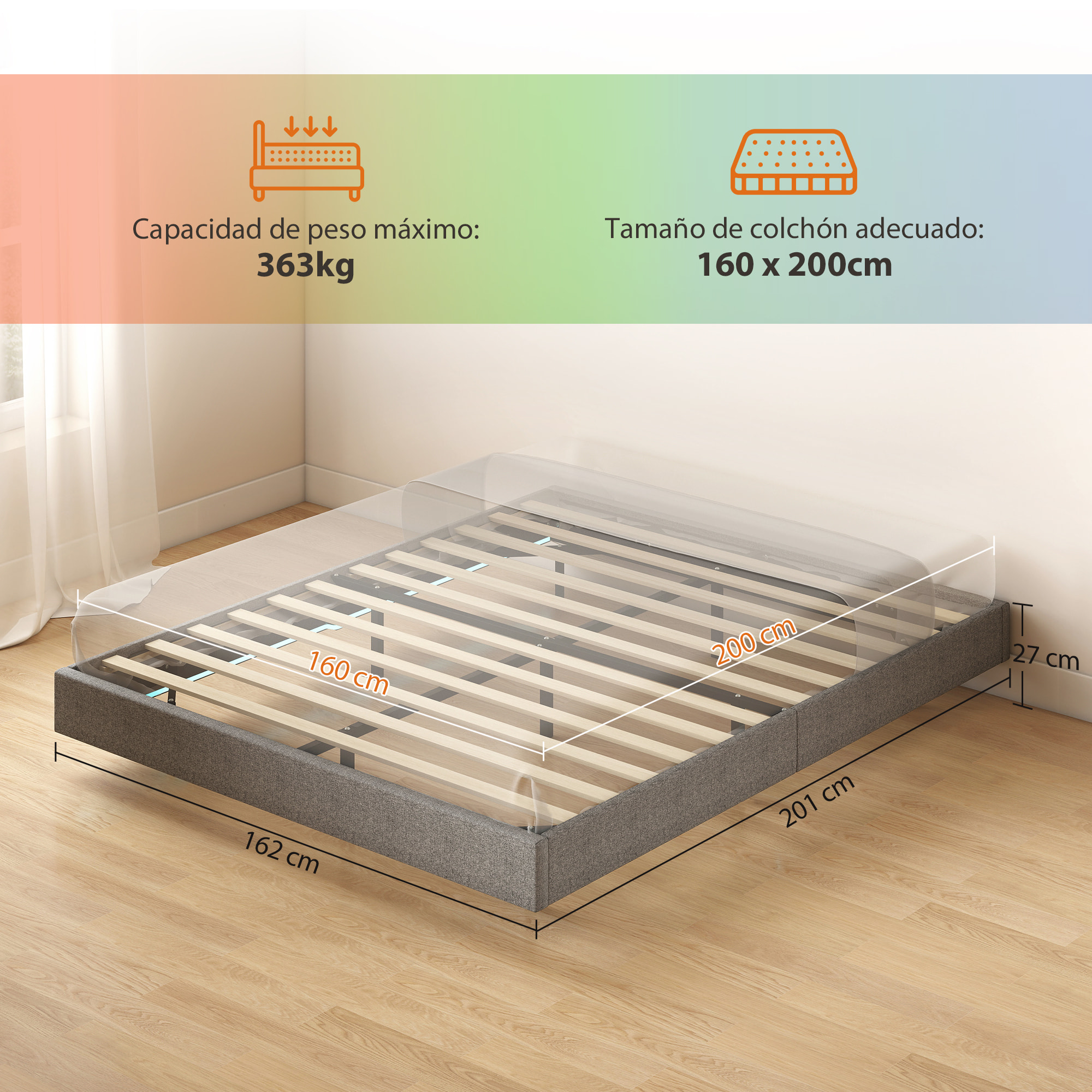 Somier Flotante 160x200 cm con Luces LED, Estructura de Cama, Tapizado en Lino, Láminas de Madera, Silencioso, Fácil de Montar, Gris