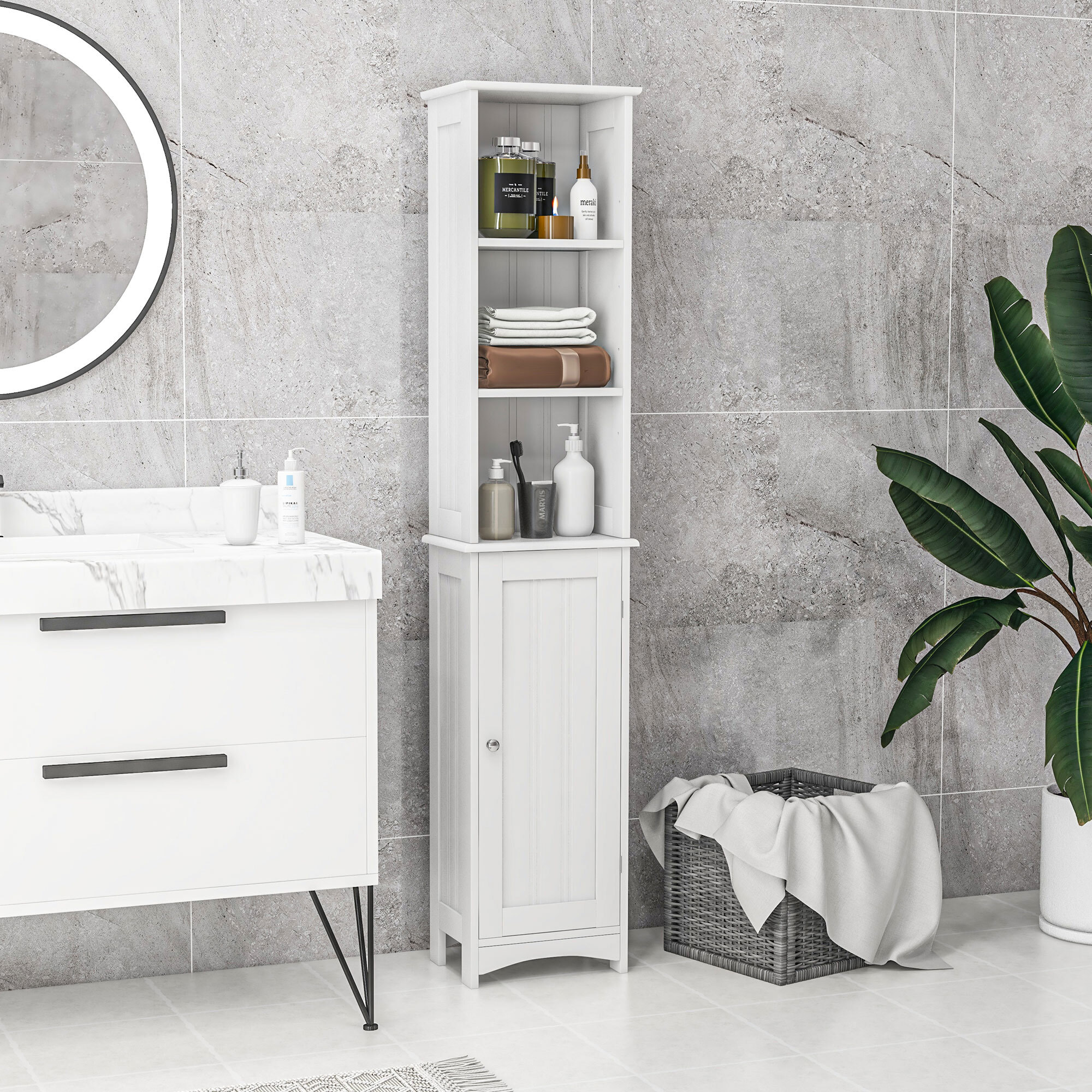 kleankin Armario Alto de Baño Columna Auxiliar de Baño con 3 Compartimientos de Almacenaje Puerta y Estantes Ajustables para Ducha Aseo Dormitorio 34x23x165 cm Blanco