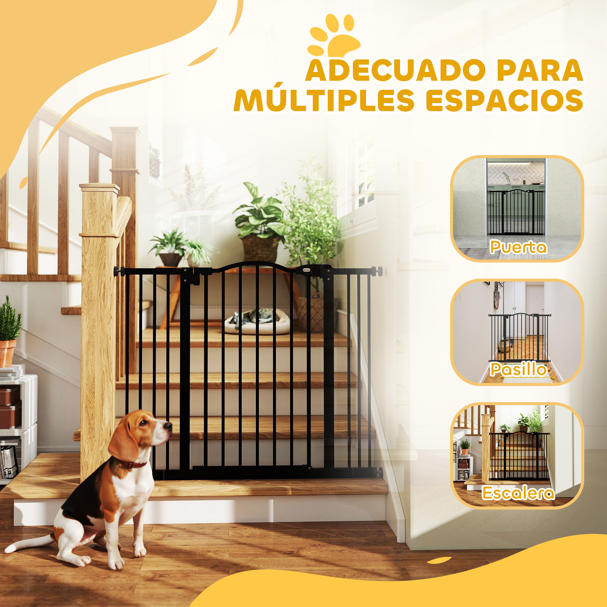 Barrera de Seguridad para Perros Extensible 74-100 cm, para Puertas y Escaleras, Barrera para Perros con 2 Extensiones 7/14 cm, Montaje a Presión y Doble Bloqueo, Negro