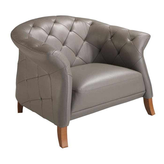 Sillón Angel Cerdá con reposabrazos con asiento y respaldo tapizados en piel de origen vacuno en gris patas de madera en miel 112x99x81cm