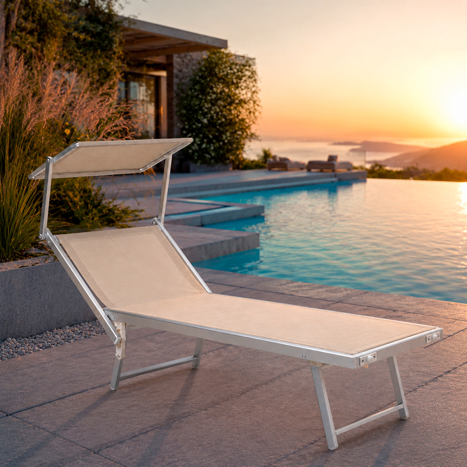 Lettino Prendisole Pieghevole Professionale in Alluminio e Tessuto Textilene Tettuccio Orientabile Parasole Sdraio Mare Spiaggia 182x60x38 cm Beige