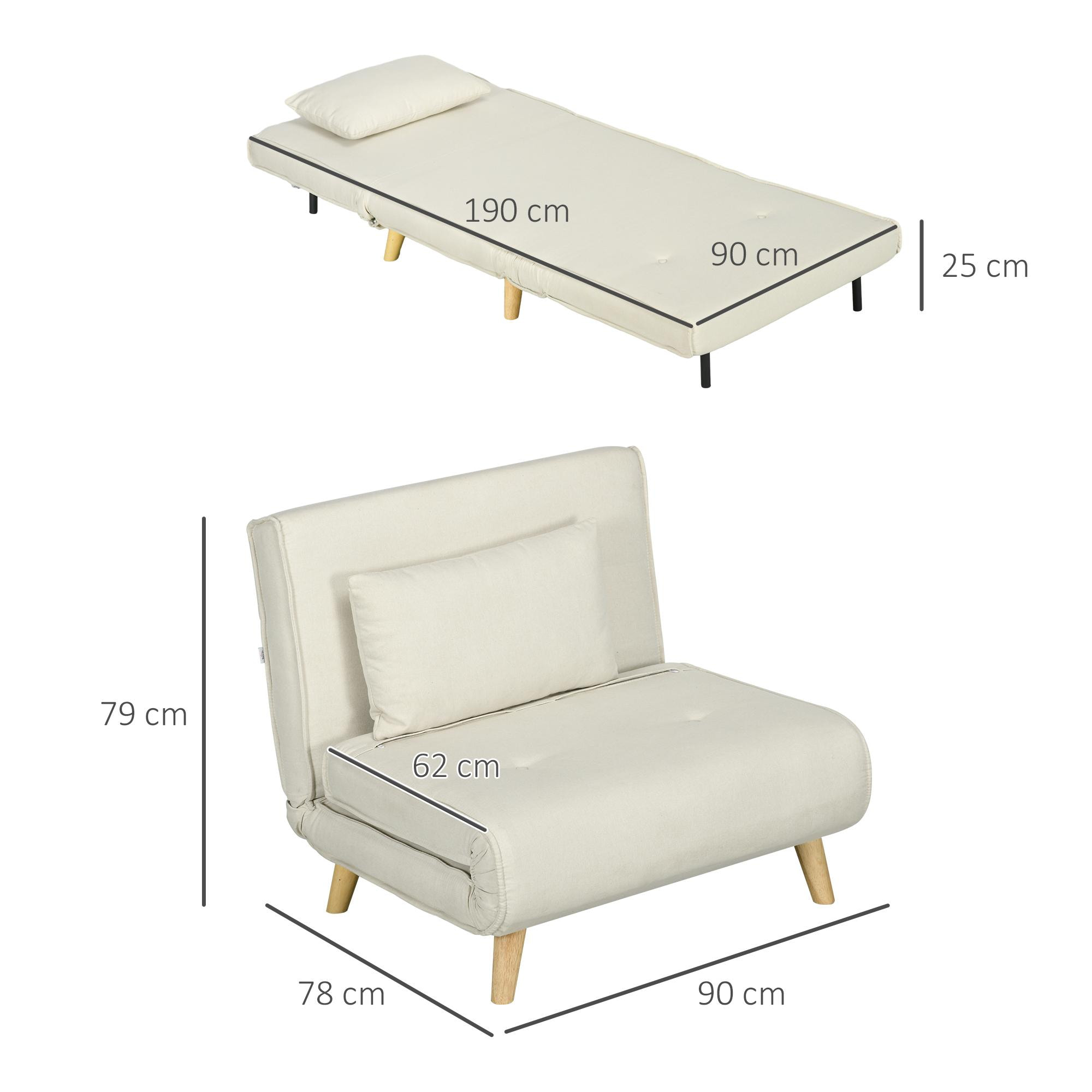 Sofá Cama Individual 2 en 1 Sillón Cama Plegable Sillón Individual con Respaldo Ajustable y Cojín para Sala Dormitorio Oficina en Casa Carga 125 kg 90x78x79 cm Beige