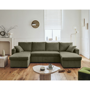Cyrus - canapé panoramique en U - 7 places - convertible avec coffre - en velours côtelé - Vert