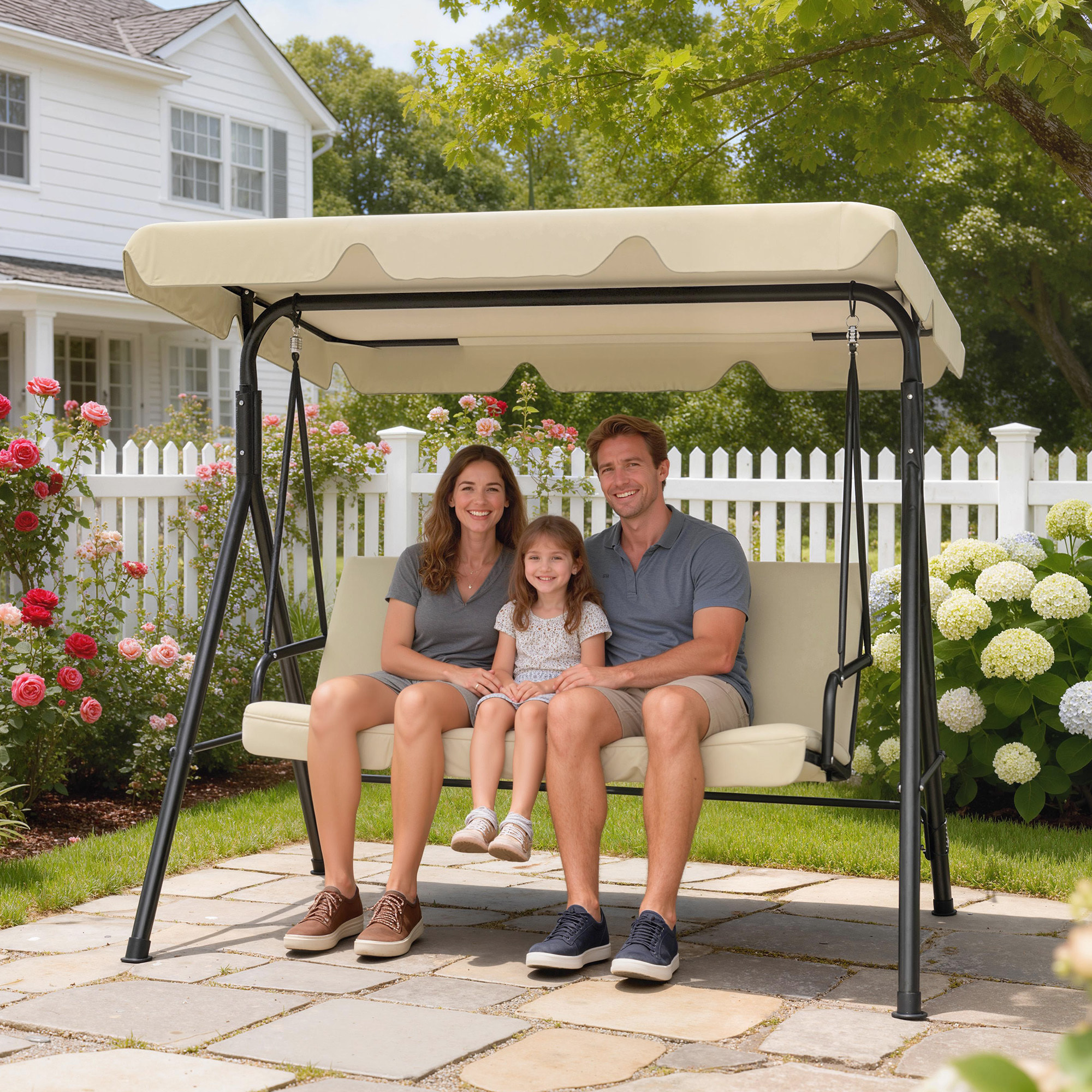 Columpio de Jardín Exterior de 3 Plazas, Balancín de Jardín Exterior con Techo Ajustable, Cojín y Marco de Acero, para Balcón, Terraza, Patio, Carga 240 kg, 172x118x153 cm, Beige