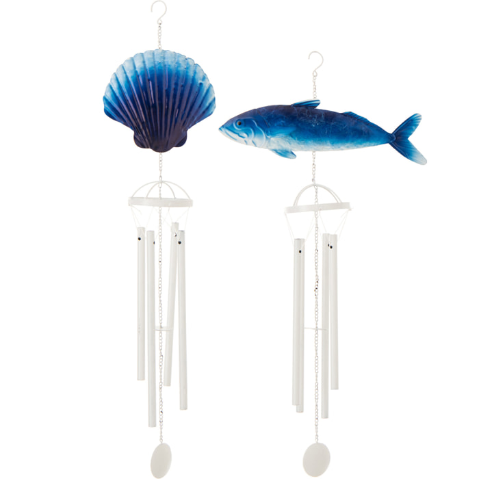 J-Line Carillon Poisson + Coquillage - métal - bleu/blanc - 2 pièces