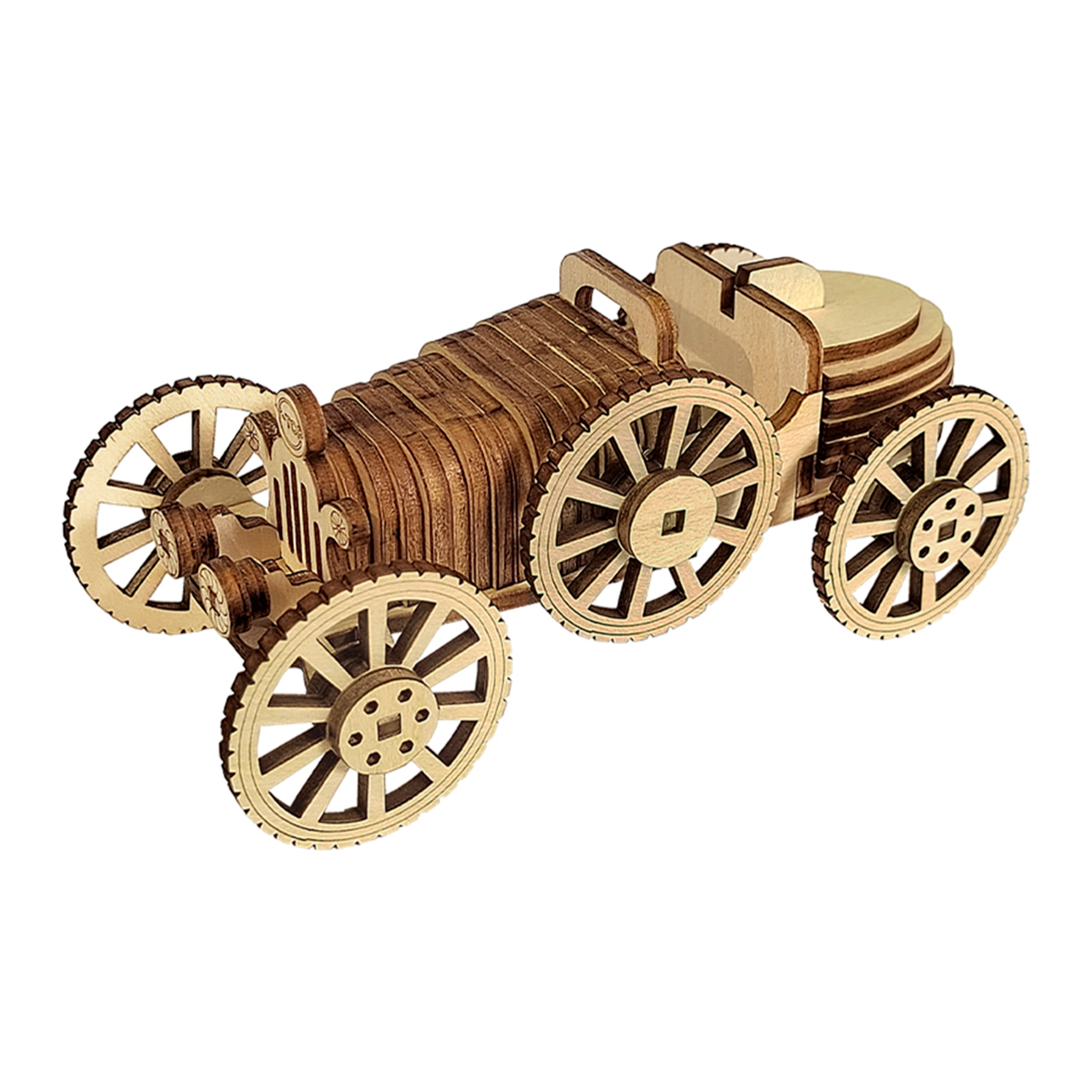 Maqueta de Madera 3D, con movimiento mecánico diseño de Coche retro. 54 piezas.