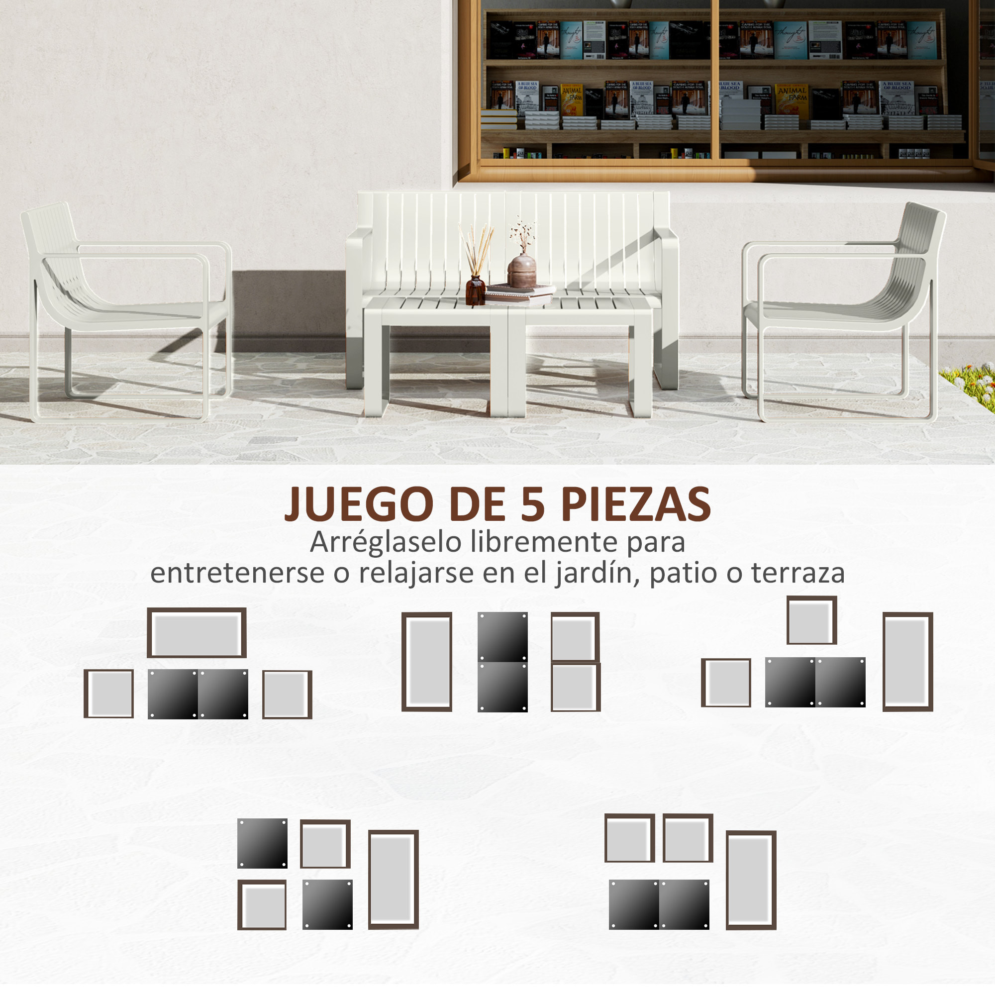Conjunto de Jardín Exterior 5 Piezas Muebles Jardín Exterior con 2 Sillones 1 Sofá de 2 Plazas y 2 Mesas de Centro Diseño de Lamas Impermeable Anti-UV Blanco