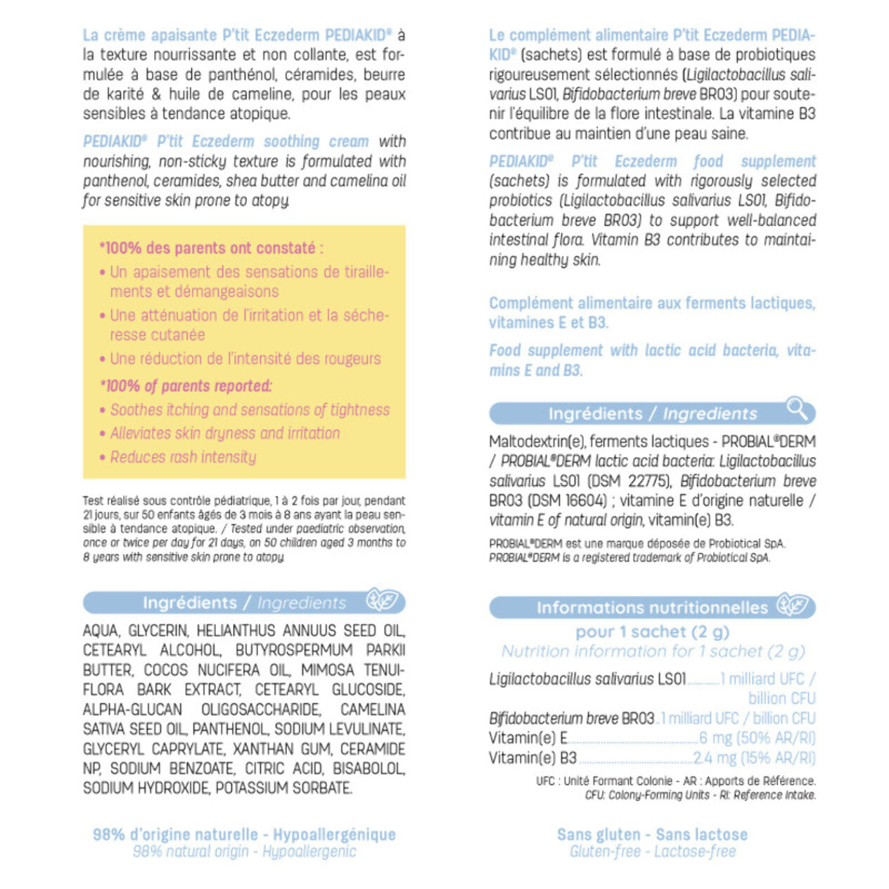 PEDIAKID - P'tit Eczederm Duo - Duo complet IN & OUT - Complément alimentaire probiotiques & crème apaisante naturelle - Peau sensible & sèche -  21 sachets + 1 tube - Lot de 2