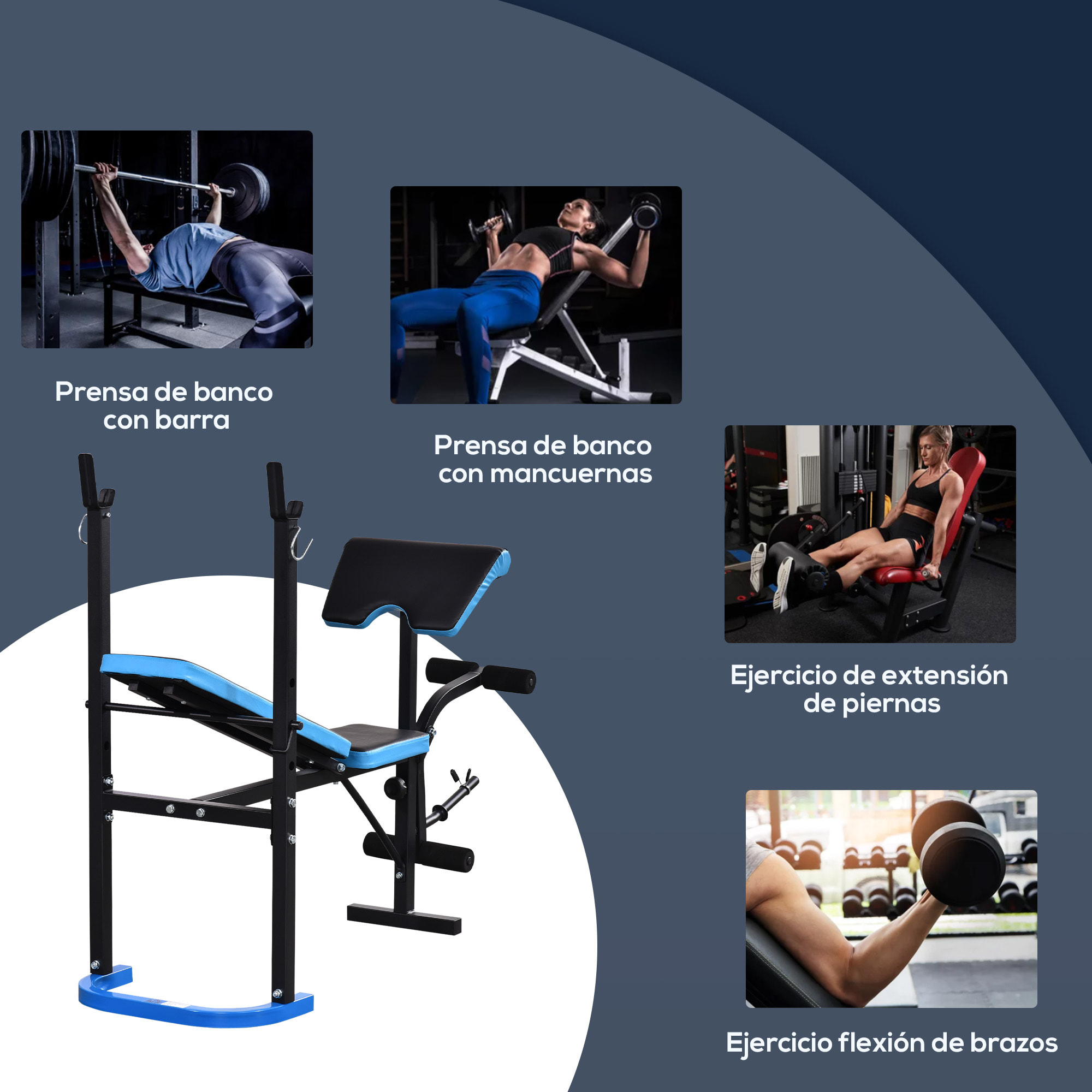 Banco de Musculación Multifuncional Banco de Pesas con Soporte para Barra y Respaldo Ajustable para Entrenamiento Completos de Cuerpo en Casa Gimnasio Negro y Azul