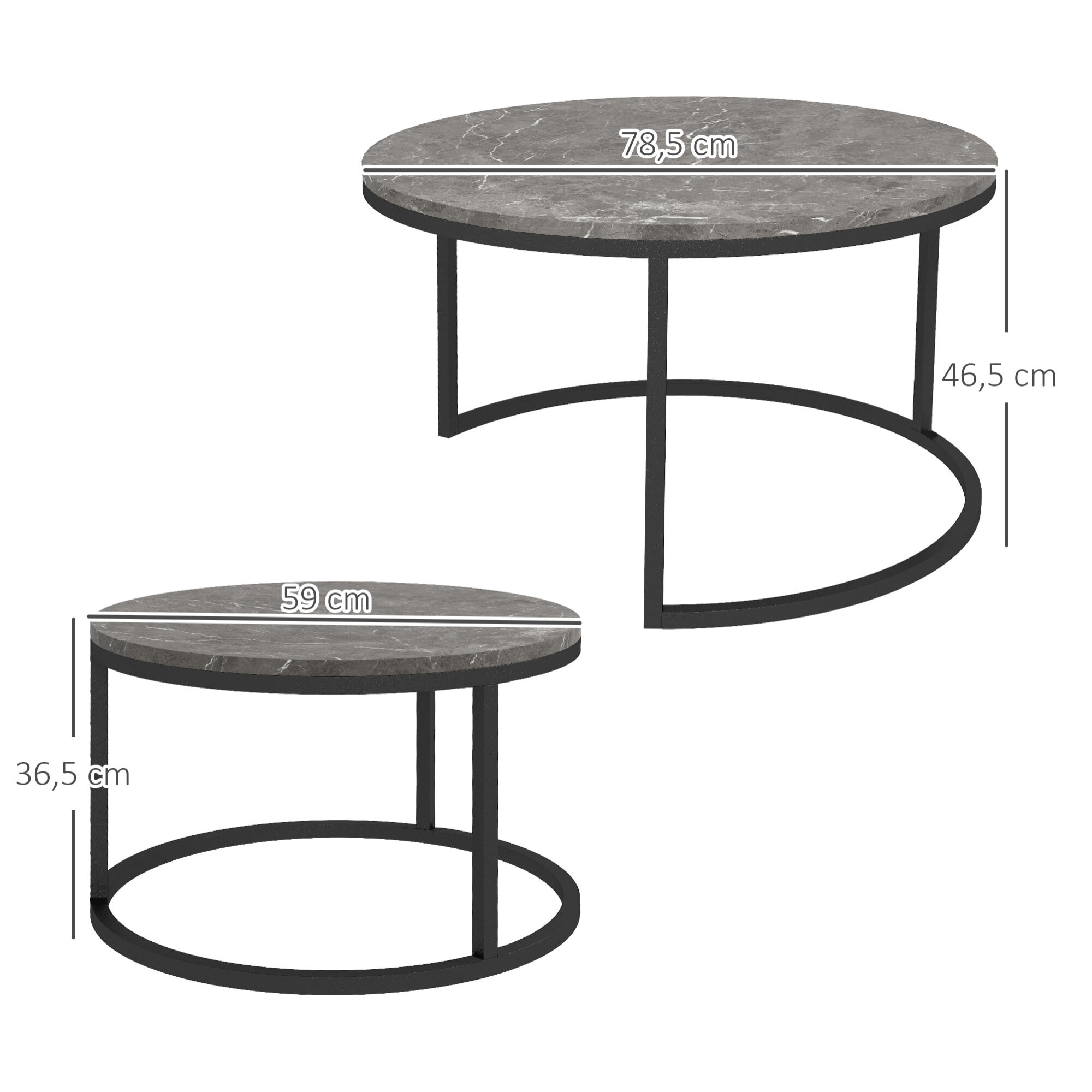 Lot de 2 tables basses rondes gigogne empilables piètement acier noir plateau aspect marbre gris